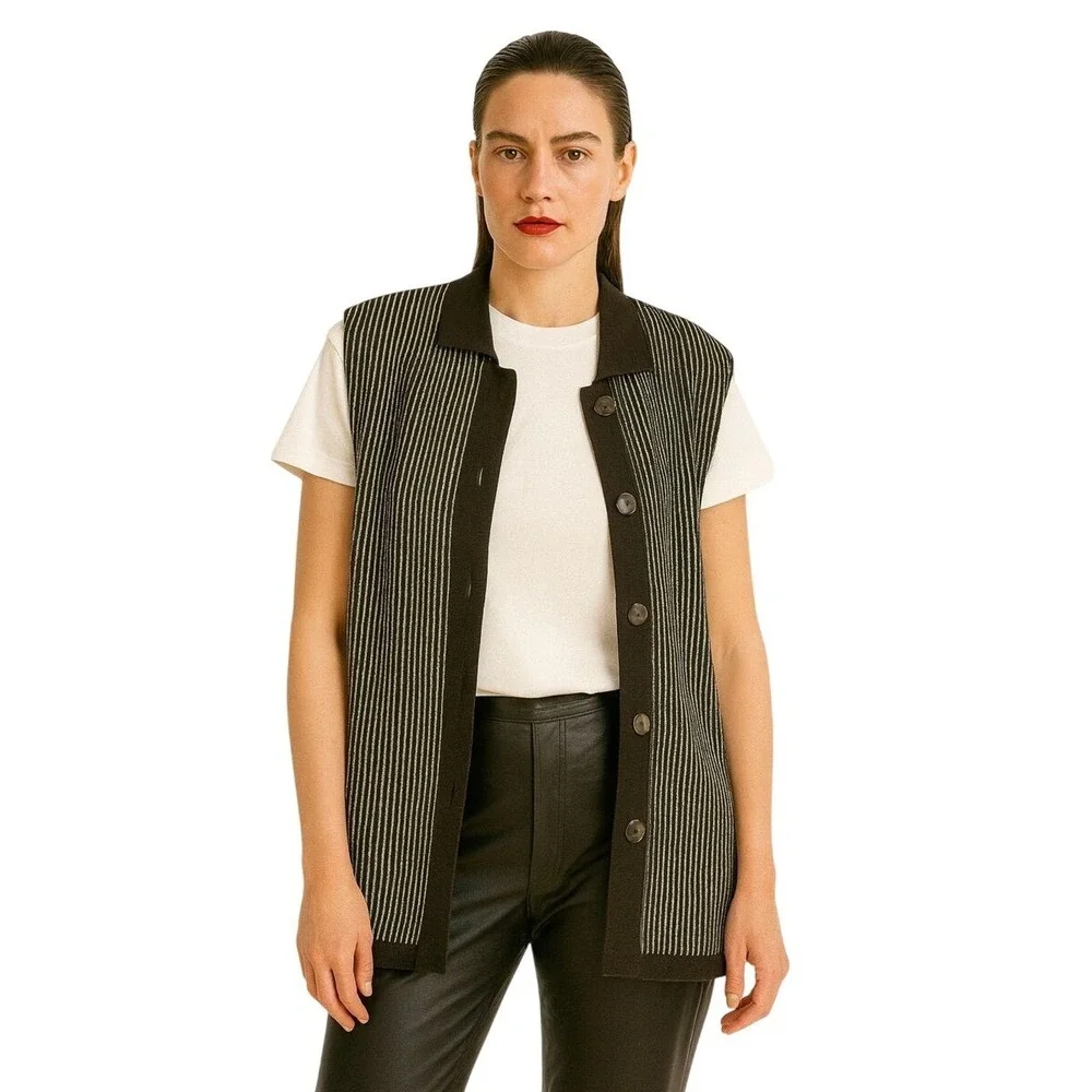 VTG deadstock Charly Studio Donna Knit Vest Brown Pinstripe Italy *Flaw